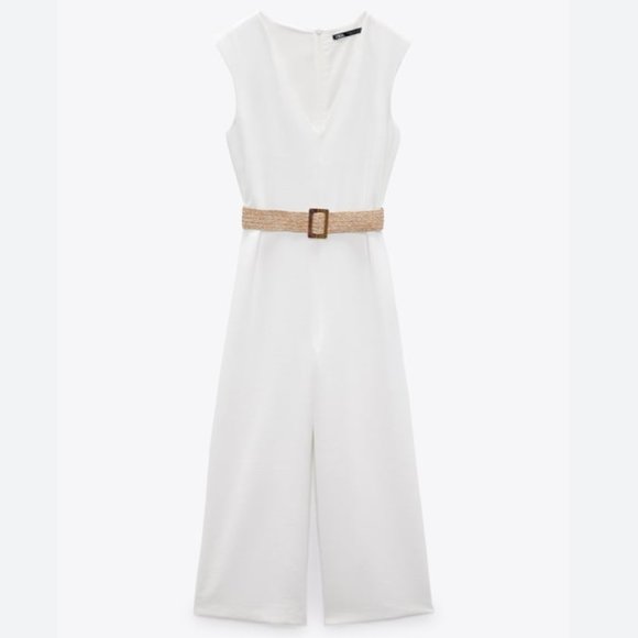 ZARA WHITE CREPE RUSTIC NATURAL BELTED V NECK SLEEVELESS JUMPSUIT - Picture 4 of 5